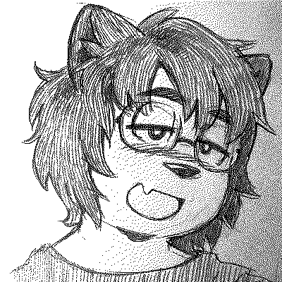 Grainy, dithered image of a catboy with half a smile on his face.